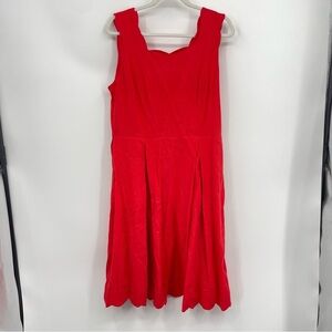 For Cynthia Red Linen Blend midi Dress Size L scalloped edge sleeveless